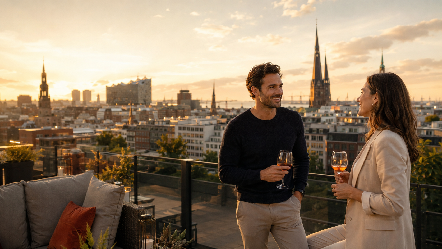 Paar genießt den Ausblick über Hamburg